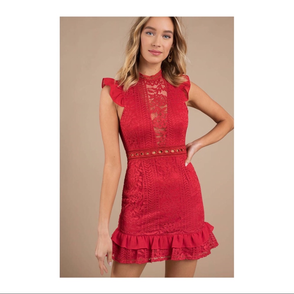 Tobi - SPOTLIGHT RED RUFFLE LACE DRESS size small